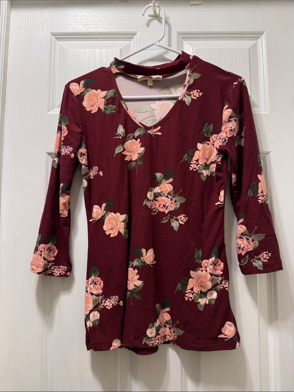 Wishful Park Burgundy Floral V-Neck Long Sleeve Top with Pink Roses